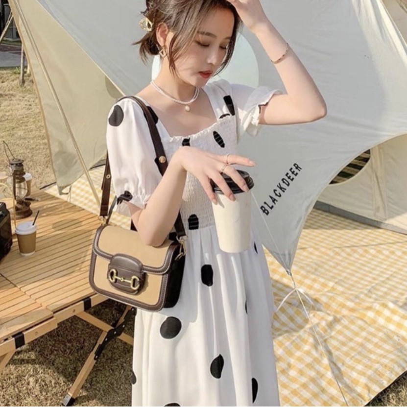 KOREAN MIDI DRESS POLKADOT BLACK WHITE PREMIUM POLYESTER CASUAL LOOK