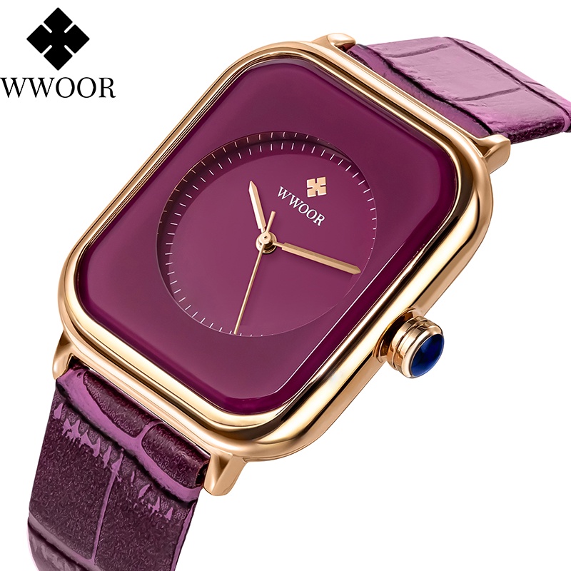 Jam Tangan Fesyen Cewek Tali Kulit Petak Rectangle WWOOR 8873 Wanita Kasual Purple Tahan Air Origina