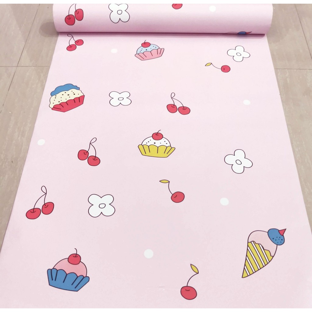 WALLPAPER WALPAPER KMK 741 STICKER DINDING KARTUN KARAKTER CUPCAKES CHERRY PINK KAMAR ANAK