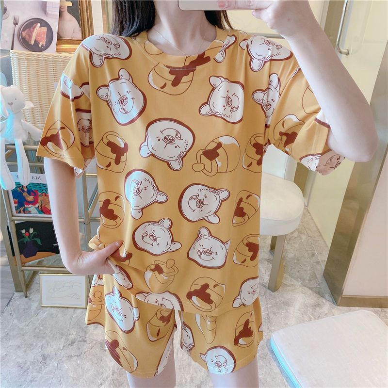 Baju Tidur Wanita Style Korea Import / Setelan Piyama Lengan Pendek, Celana Pendek Motif Kartun Adem Dan Lembut