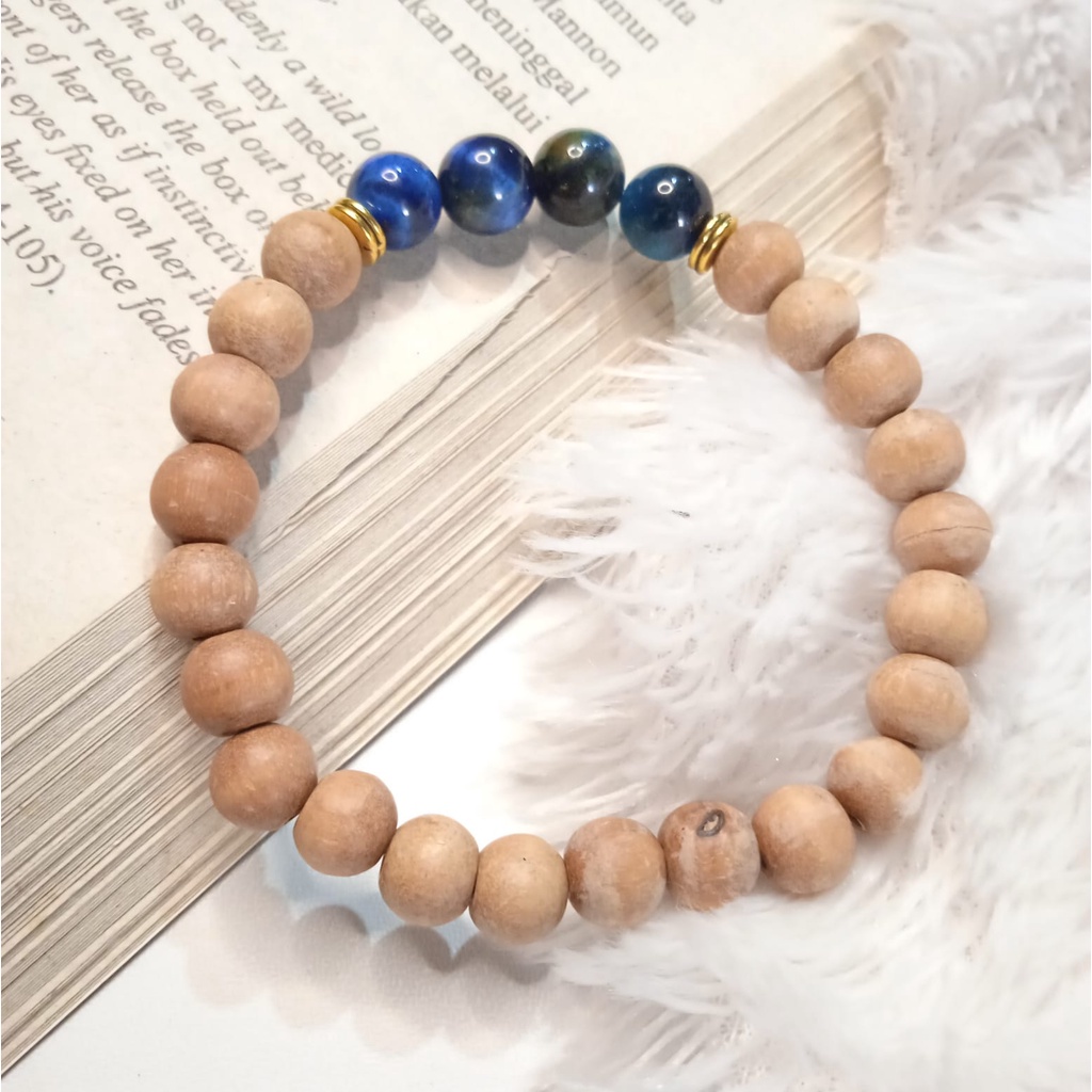 Gelang Batu Original Handmade Kayu Cendana Kombinasi Batu Alam Blue Tiger Eye