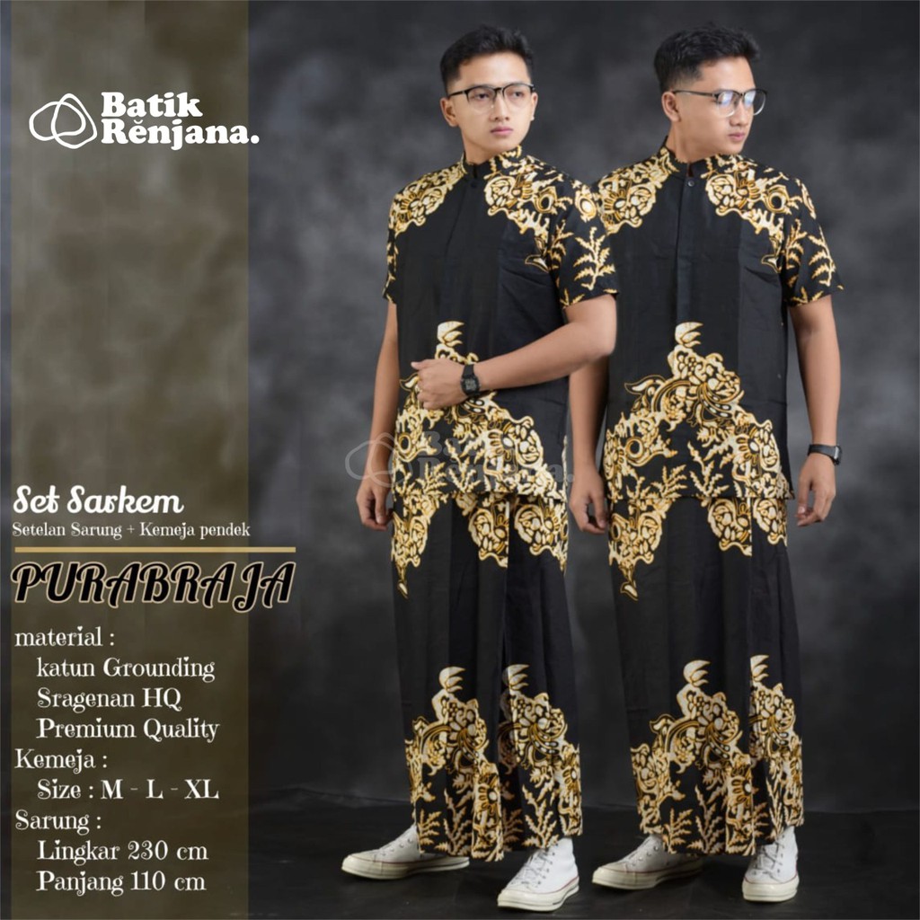 SARKEM PURABRAJA Kemeja Baju dan Sarung Batik Pria Dewasa Premium Lebaran Asli Solo RENJANA