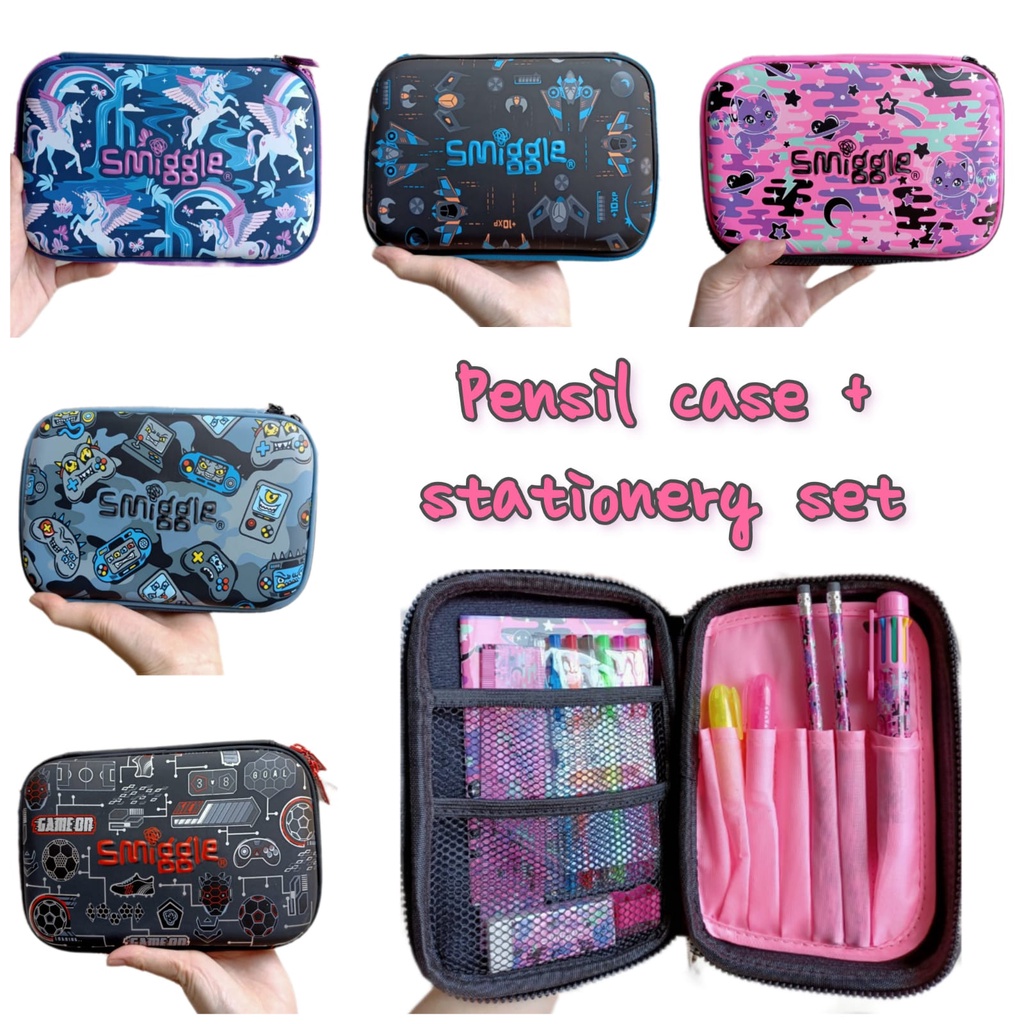 

Smiggle Stationery + pencil case organizer set Kotak pensil alat tulis anak replica pensil pen buku unicorn flower cat soccer bola robot video game