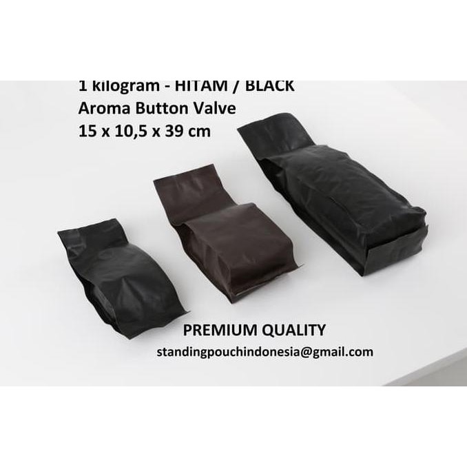 

Kemasan Kopi Gusset Quad Seal 1 kg kilogram VALVE - HITAM *PREMIUM* KOMPLIT