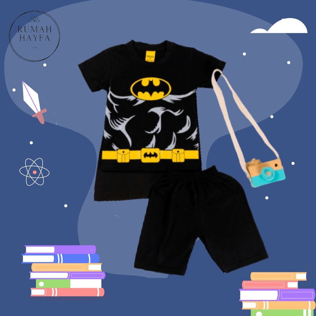 HAYFA - setelan anak laki-laki balita superhero BATMAN SUPERMAN ada SAYAP belakang baju/ stelan bayi motif SUPERMAN BATHMAN / Baju anak tanah abang kualitas premium / Kwalitas import usia 1-3 tahun Baju Grosir Anak Kartun Animasi Animal Doraemon