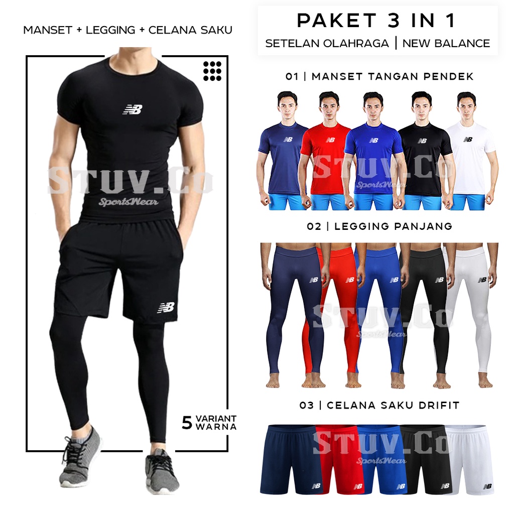 PAKET 3IN1 STELAN OLAHRAGA MANSET BASELAYER LENGAN PENDEK LEGGING PANJANG DAN CELANA FUTSAL SAKU UNISEX MURAH