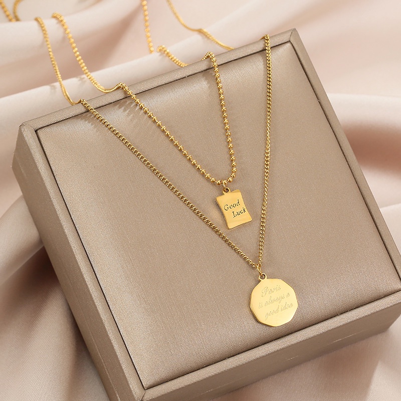 Kalung dua layer good luck paris always good idea titanium korea style anti karat