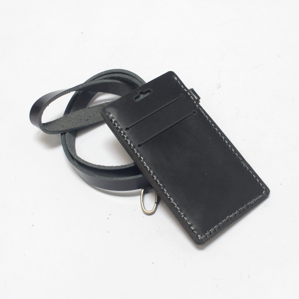 gantungan dompet ID card kulit hitam - tali id card holder - PHID822