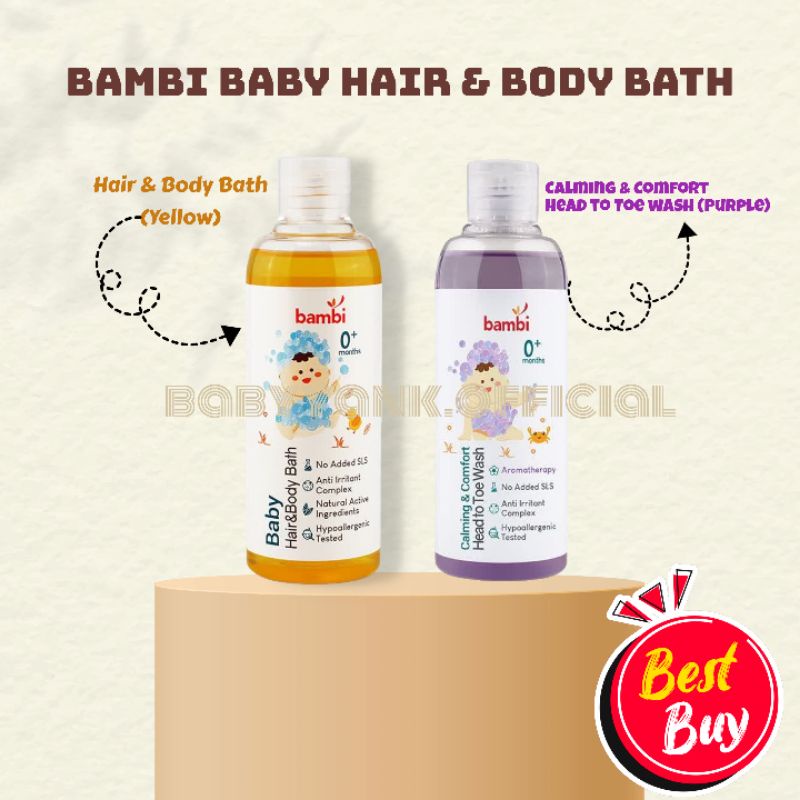 ♥BabyYank♥ ☆ BabyYank ☆ Bambi Hair &amp; Body Bath with Licorice &amp; Chamomile 200mL (Kuning) | Bambi Baby Calming &amp; Comfort Head To Toe Wash 200ml (Ungu) Sabun Mandi Bayi