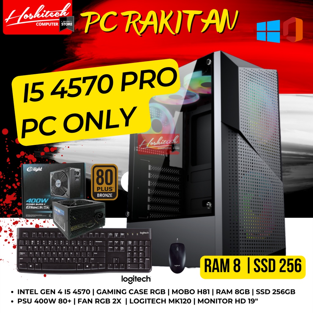 PC RAKITAN I5 EDITING GAMING PRO I5 4570 RAM 8GB SSD256 MONITOR 19