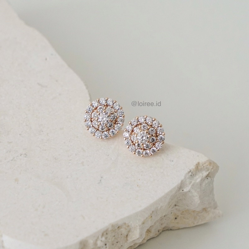 LAUREN | Golden Sparkles - Gold Plated Zirconia Round Cut Halo Setting Stud Bridal Earrings - Anting Daily Wanita