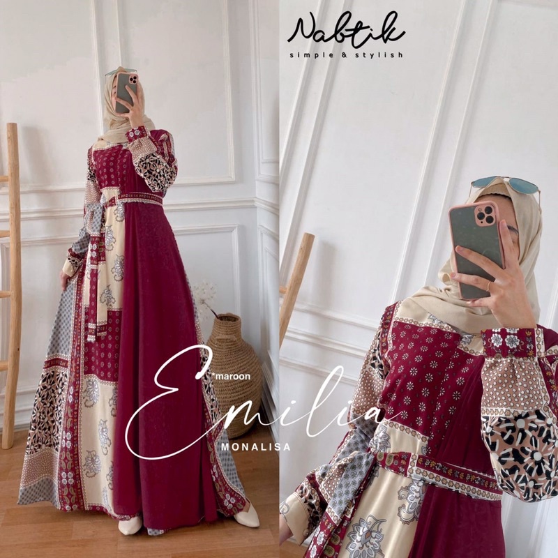 GAMIS EMILIA DRESS MOTIF MONALISA ABSTRAK KOMBINASI ORI NABTIK BUSUI