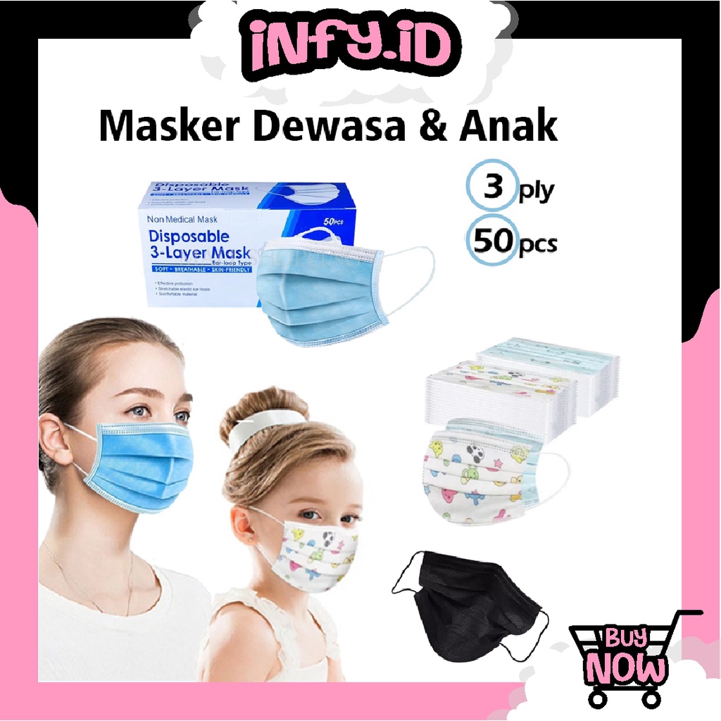 INFY - Masker 3 ply 50 pcs Earloop &amp; Headloop Masker Hitam Dewasa/Masker Anak Motif Karakerter R458