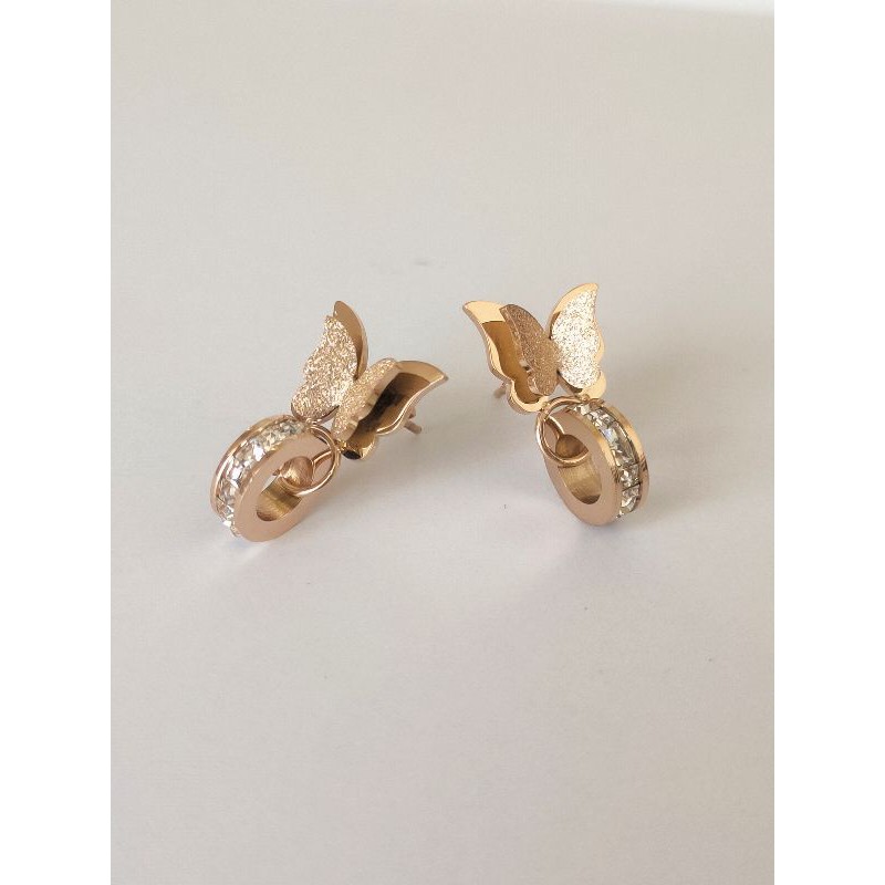 Anting Tusuk Titanium Warna Rosegold Anting Kupu-Kupu