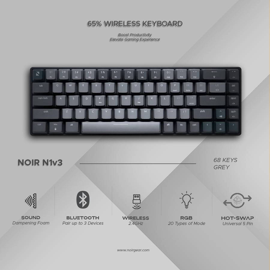 Noir N1 Mechanical Gaming Keyboard 65% Wireless Bluetooth RGB Hotswappable