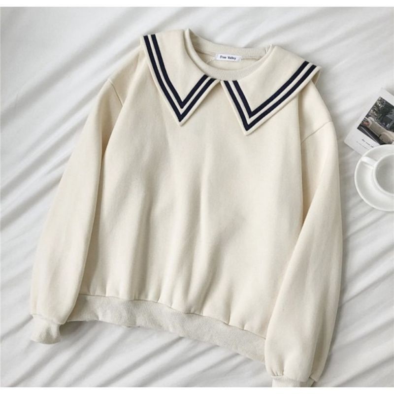 sweater pulma cream kerah jepang// crewneck wanita pria perempuan laki cewe cowo unisex bahan fleece// sweater viral Kawaii lolita