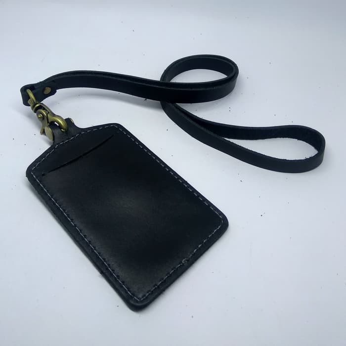 gantungan ID card kulit asli hitam - tali id card holder - PHID215