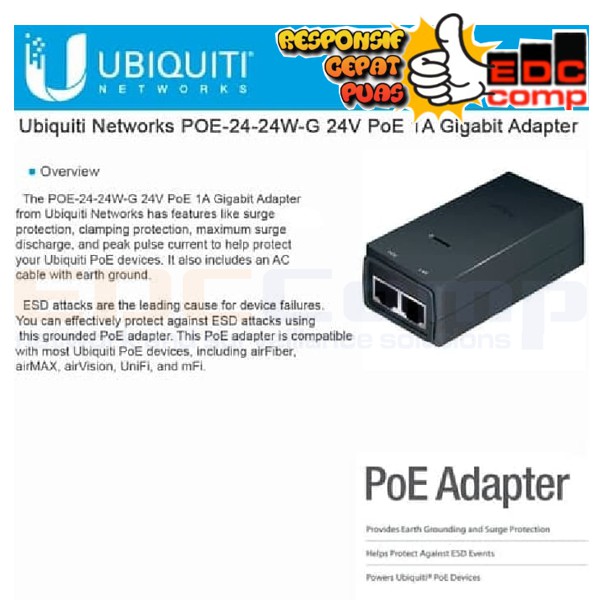 Ubiquiti POE-24-24W-G ADAPTOR POE 24V 1A GIGABIT PORT - POE 24V 24W G
