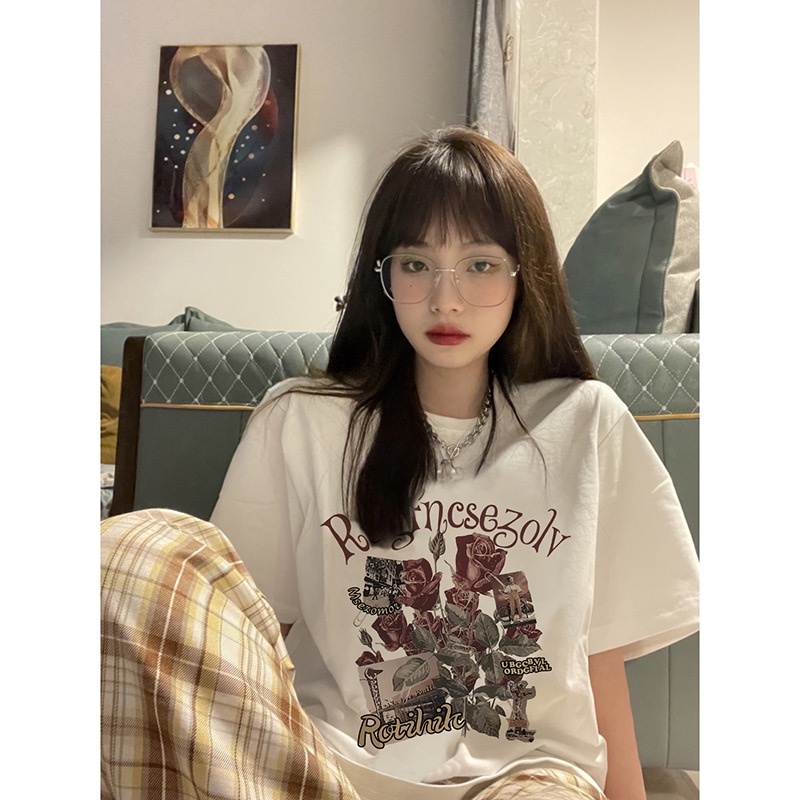 atasan wanita retro lengan pendek t shirt atasan warna putih korean style kaos oversize