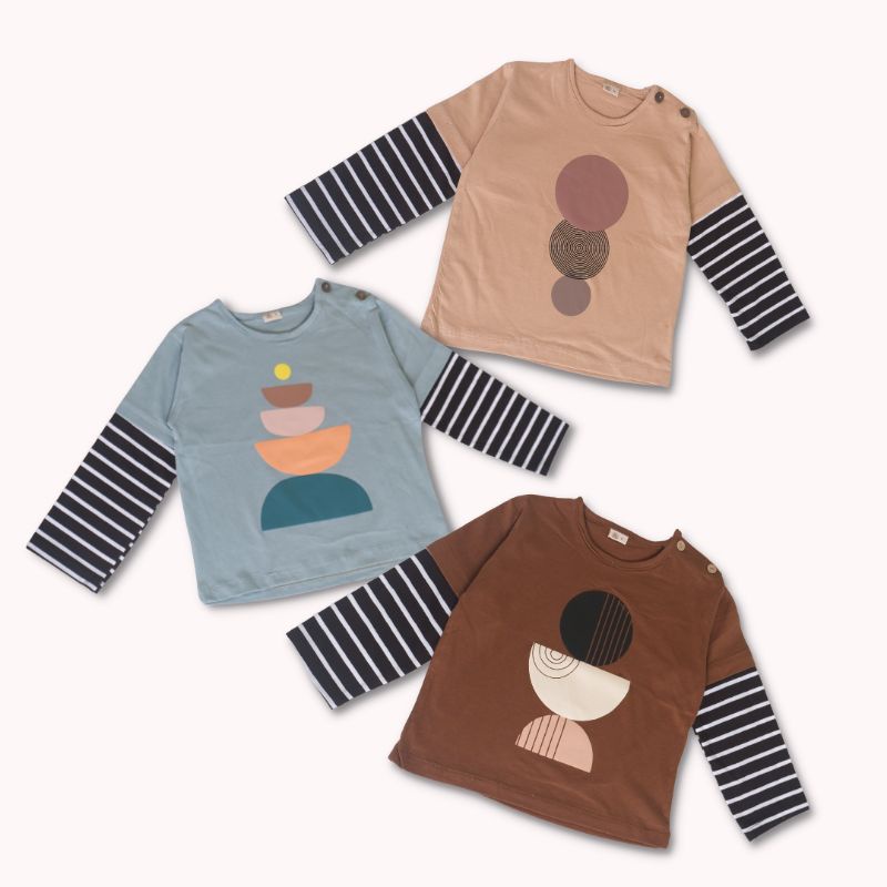 GEOMETRIC LONGSLEEVE - Promo 10.10 Kaos Anak Stripe Sablon Baju Bayi Premium Kids Cewek Cowok Laki Perempuan 1-6 Th