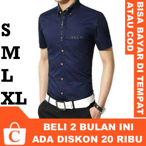 BISA COD S M L XL Kemeja Pria Hem Cowok Polos Lengan Pendek Kantong Saku Batik BIRU NAVY DONGKER TUA