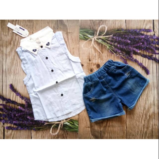 Setelan celana robek anak cewek / ripped jeans baby girl / ripped jeans hotpants set / anak import