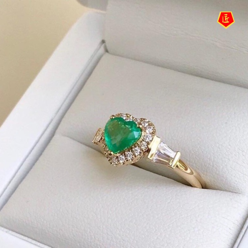 [Ready Stock]Simple Fashion Heart-Shaped Emerald Ring Female 18K Gold