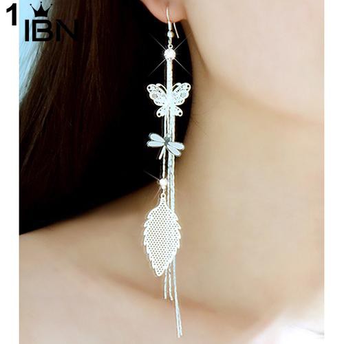 Berlian Imitasi Kupu-kupu Dragonfly Leaf Drop Panjang Jumbai Anting Rantai-2