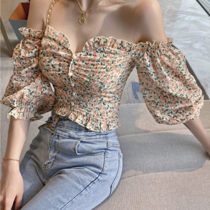 2411 Baju Blouse kemeja Atasan Sabrina lengan panjang bunga import wanita Pakaian baju kemeja pesta 