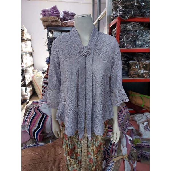 (BrTr92/100/110) Kebaya Floy Brokat GLITTER  7/8 busui TEROMPET KeroncongBusana-Abu