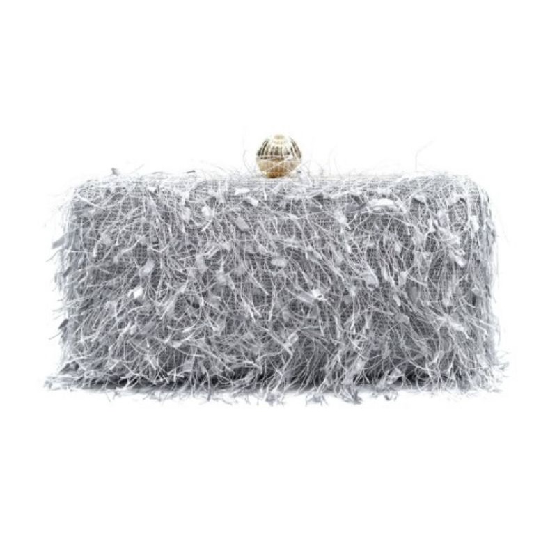 tas pesta grey lilac apricot clucth fur bulu rumbai feather fur party bag evening acara semi formal
