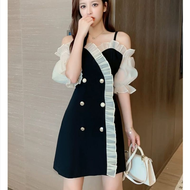 MDLV ~ 0987# Sheryn Double Breasted Dress Premium Mini Dress Korea Sabrina Fashion import