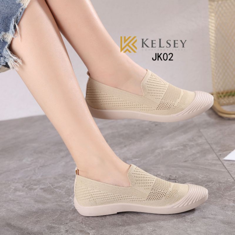 Kelsey Sepatu Slip On JK02 Sepatu Flyknit Flat Shoes Wanita