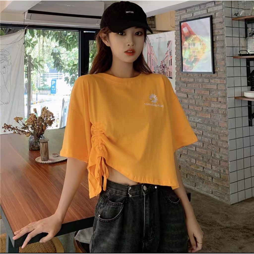 Kaos Crop Tali Serut Bordir Sun Flower