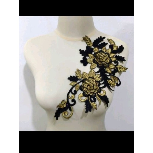 Renda Aplikasi Bunga Bordir 2 Mawar Kecil Hitam Mis Mas