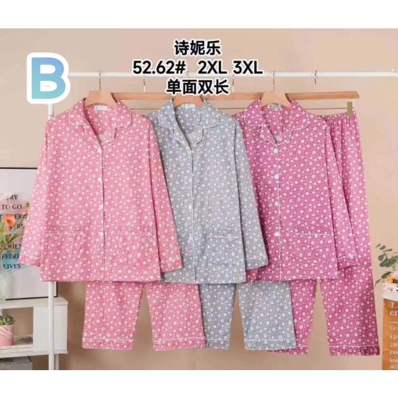 Piyama PP tebal Blue Flower 2XL &amp; 3XL/Set Piyama Kerah Babydoll PP / piyama Muslimah terbaru / piyama wanita