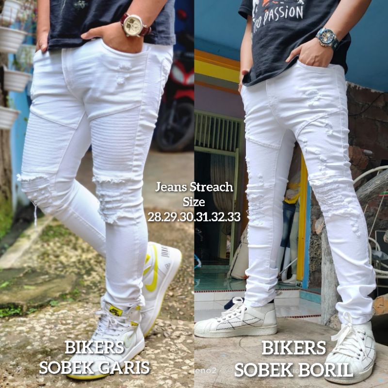 Celana Pria Jeans Ripped Sobek Jeans Bikers Putih