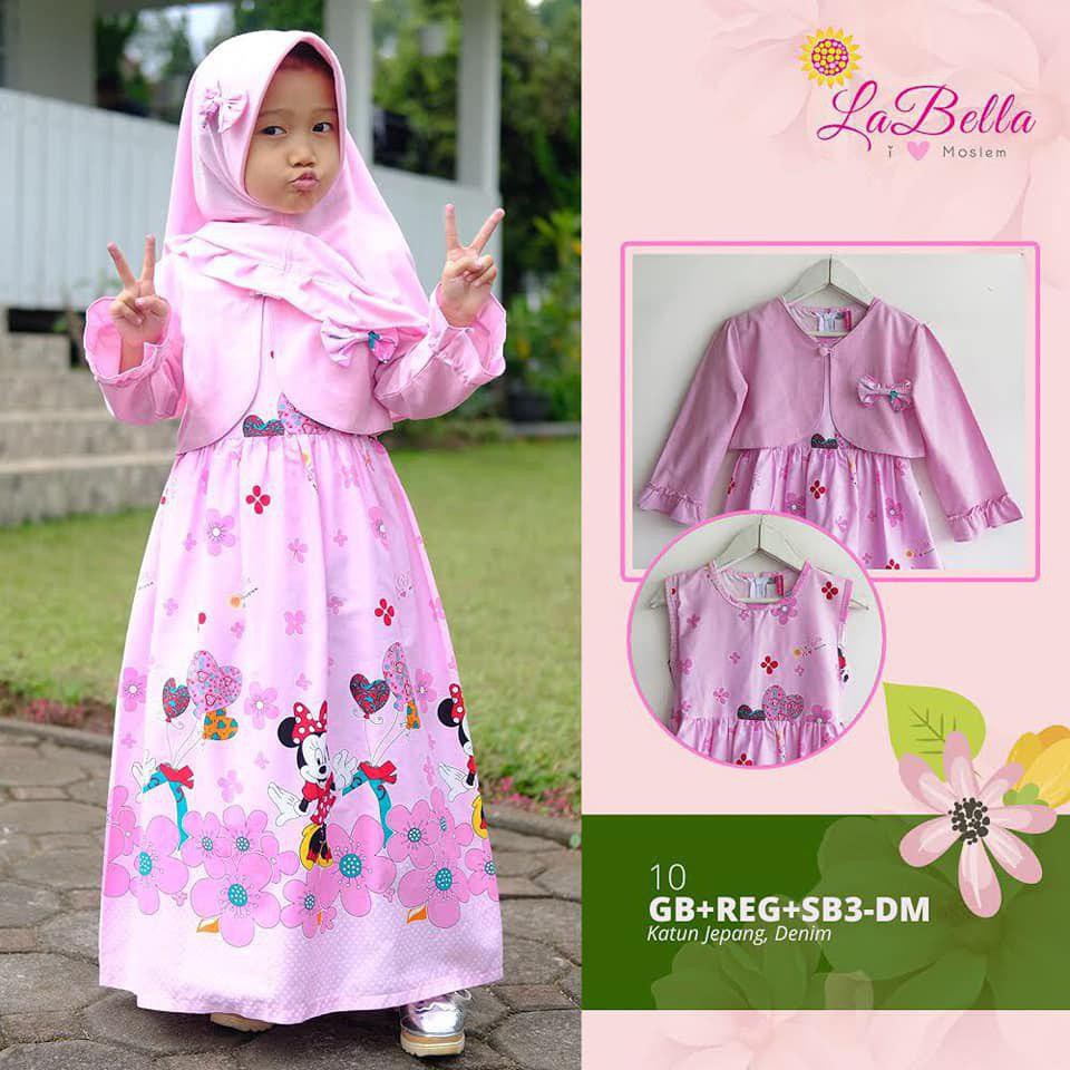 Gamis baby dan anak Printing Labella katun jepang Mickey mouse Rompi denim warna soft pink