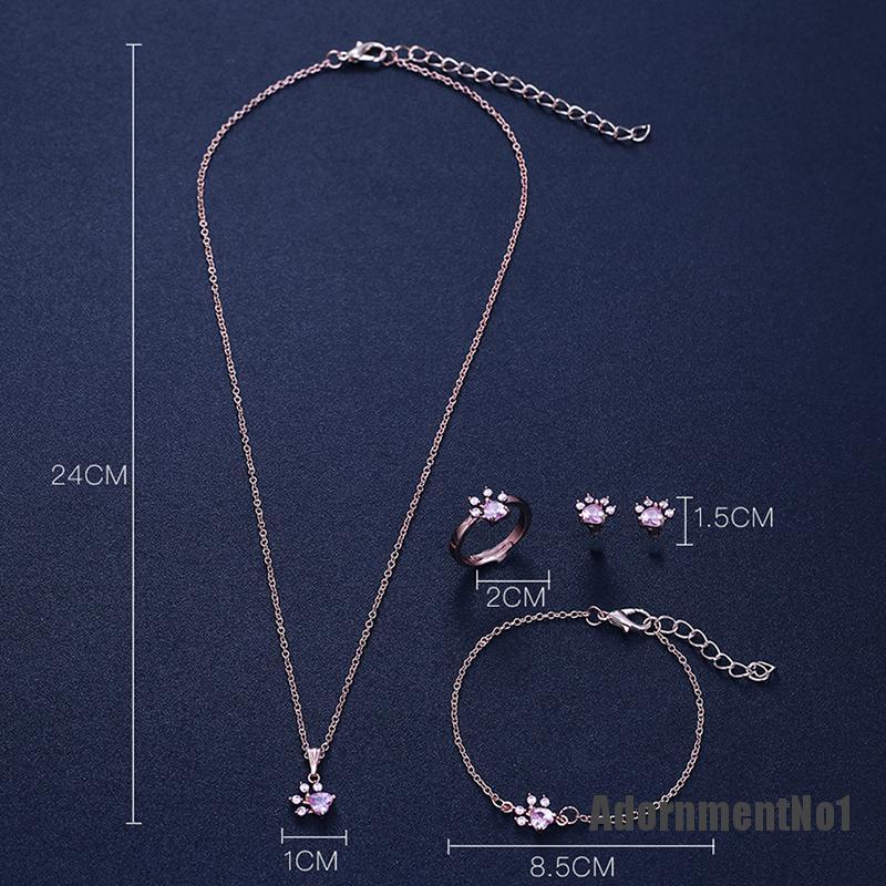 (Adornmentno1) 4pcs / set Kalung + Gelang + Cincin + Anting Tusuk Motif Telapak Kaki Anjing Aksen Kristal Untuk Perhiasan Wanita