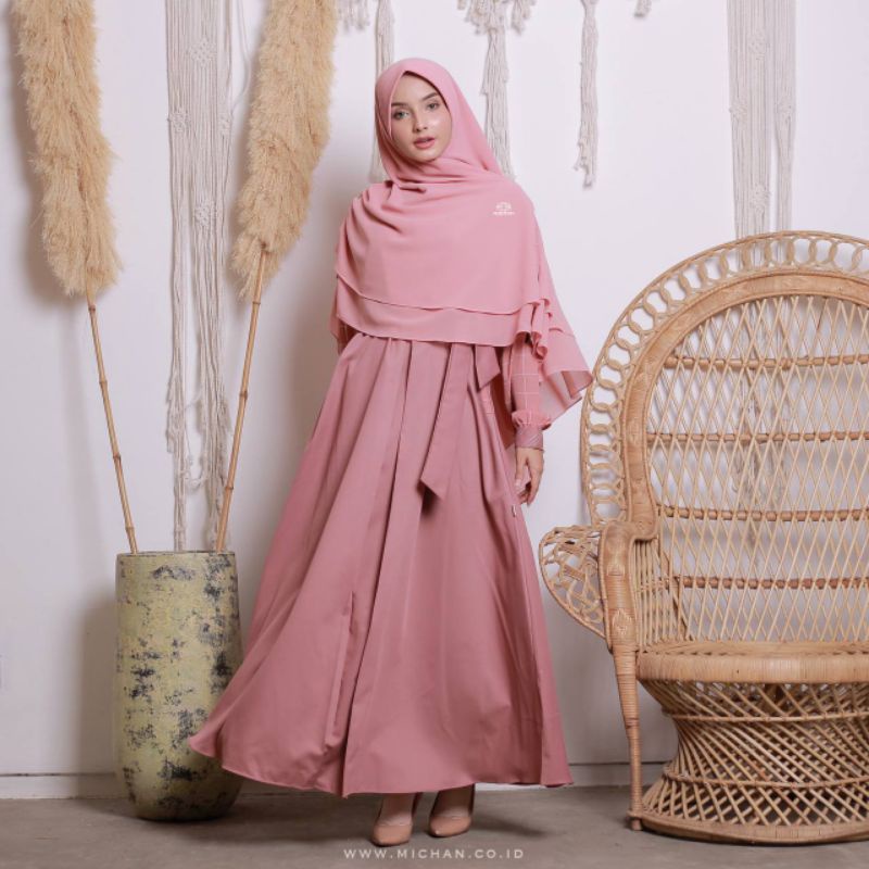 Dhira Dress Rosepeach - Gamis michan original rosepeach pink salem pastel motif kotak polos busui