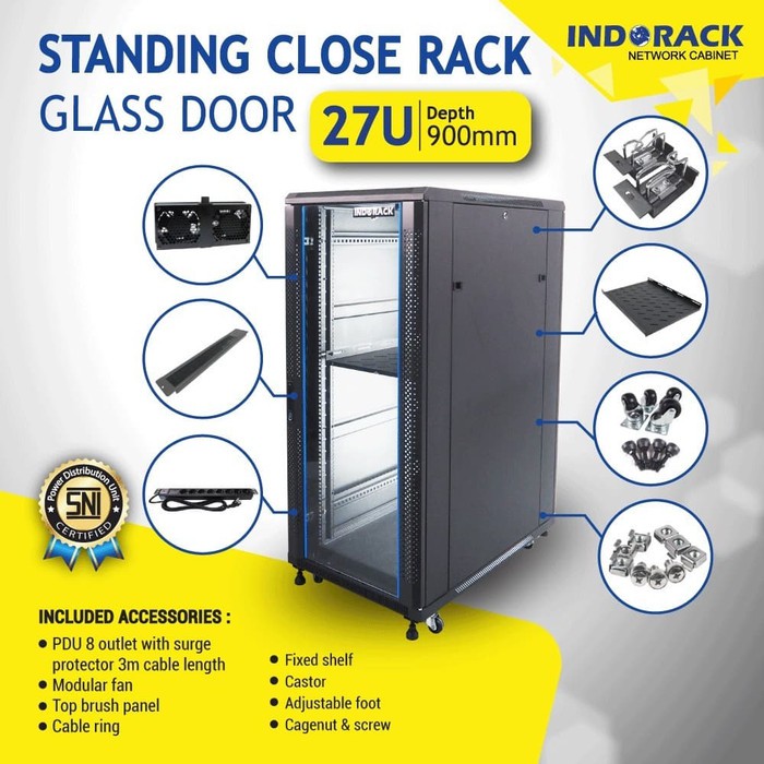 Indorack IR9027G Standing Close Rack 19&quot; 27U Glass Door Depth 900mm STANDING CLOSE RACK 27U GLASS