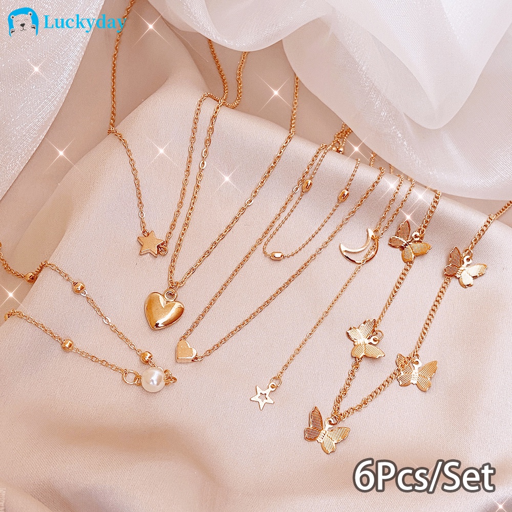 YEEZII Korean Fashion Pearl Butterfly Star Pendant Necklace Moon Heart Multilayer Gold Choker Women Accessories Gift