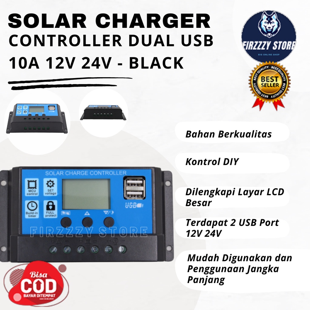 Taffware Solar Charger Controller Dual USB 10A 12V 24V