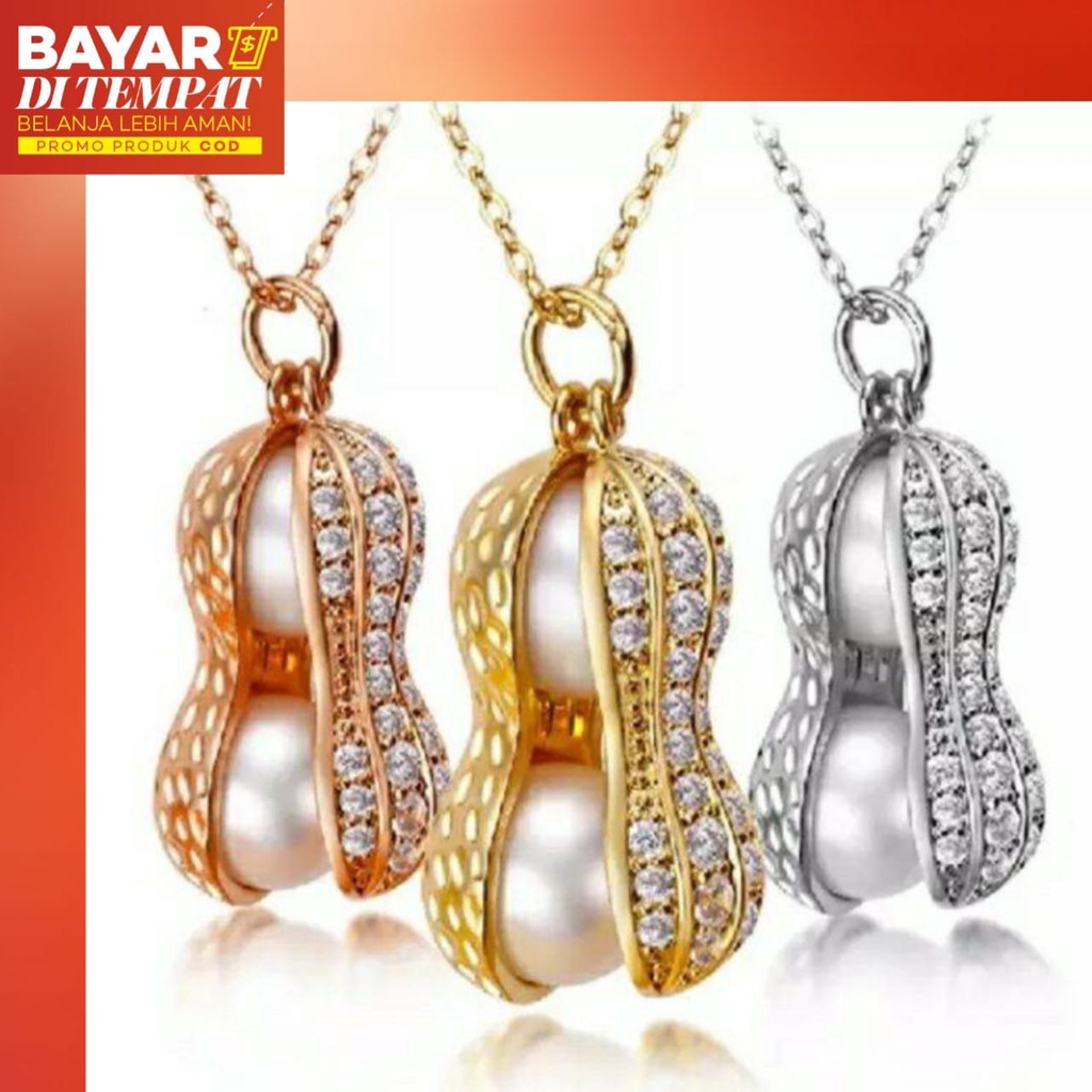 Kalung TITANIUM kacang permata mutiara elegan modis Anti Karat &amp; Anti Luntur