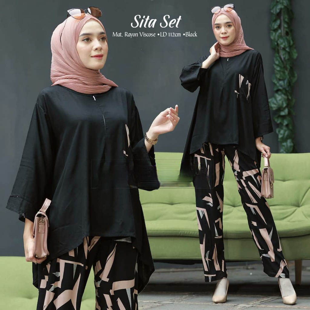 One set Rayon Viscose Busui Ld 100 - 110 Motif Kekinian-SITA BLACK LD112