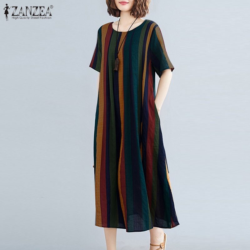 ZANZEA Women Short Sleeve Striped Vintage Flare Swing Maxi Dress