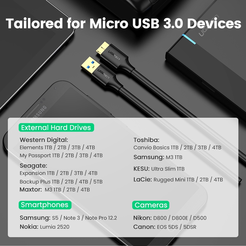 【Stok Produk di Indonesia】Ugreen 0.5m Kabel Data / Charger Micro USB 3.0 5V2A Panjang  Untuk Samsung Note 3 S5 Toshiba Hard Disk