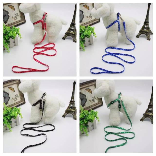 Harness pet anjing kucing kelinci murah leash tali rompi dog cat hewan motif paws tulang