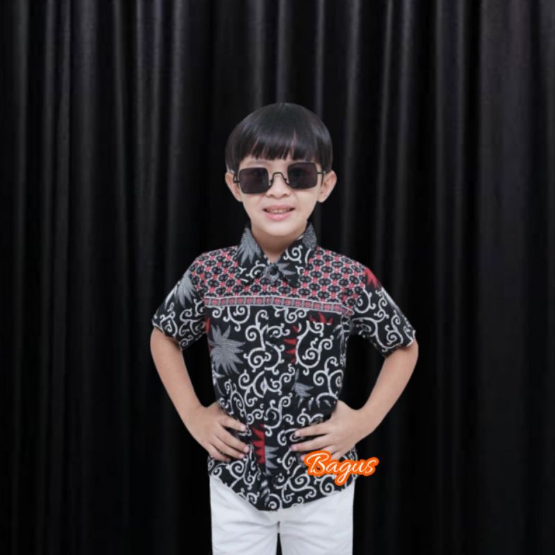 Kemeja Batik Anak Lengan Pendek Baju Batik Anak Laki-Laki Motif Kembang Langit Abu