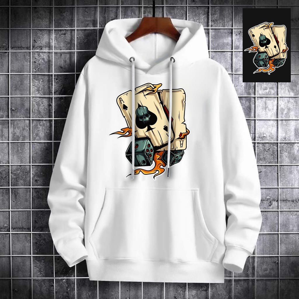 INDOSAN-SWEATER HOODIE DADU ACE-HOODIE DISTRO BAHAN FLEECE MOTIF GAMBAR DTF PRINTING-REAL PICT-BISA COD